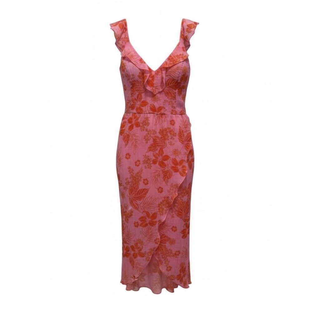 Guess Pink & Orange Floral Ruffled Midi Dress Size 14 With Tags